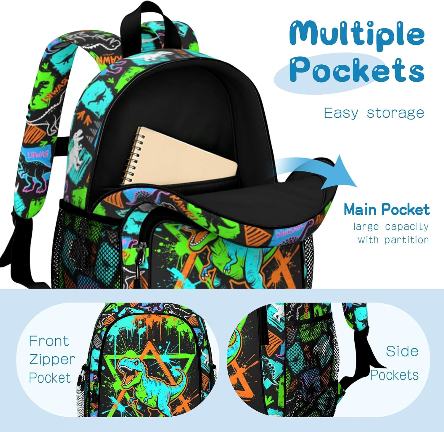 Kids Backpack, Street Art Graffiti T-Rex School Backpack, Dinosaur Splash Print
