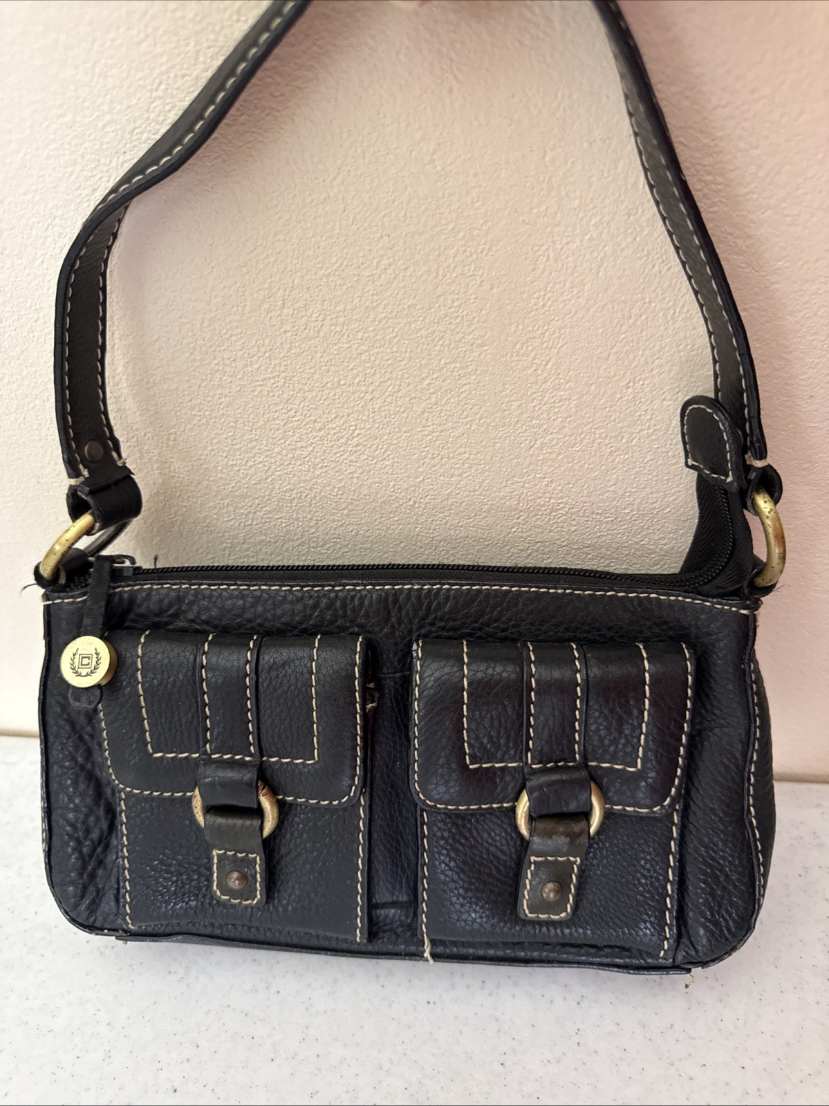 Vtg Y2k Chaps Leather Mini Satchel Shoulder Bag Handbag Preppy Academia Black