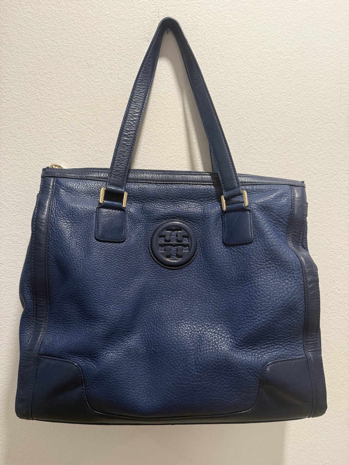 Tory Burch Y2K Slouchy Pebbled Leather Tote Bag Blue Large Shoulder Handbag
