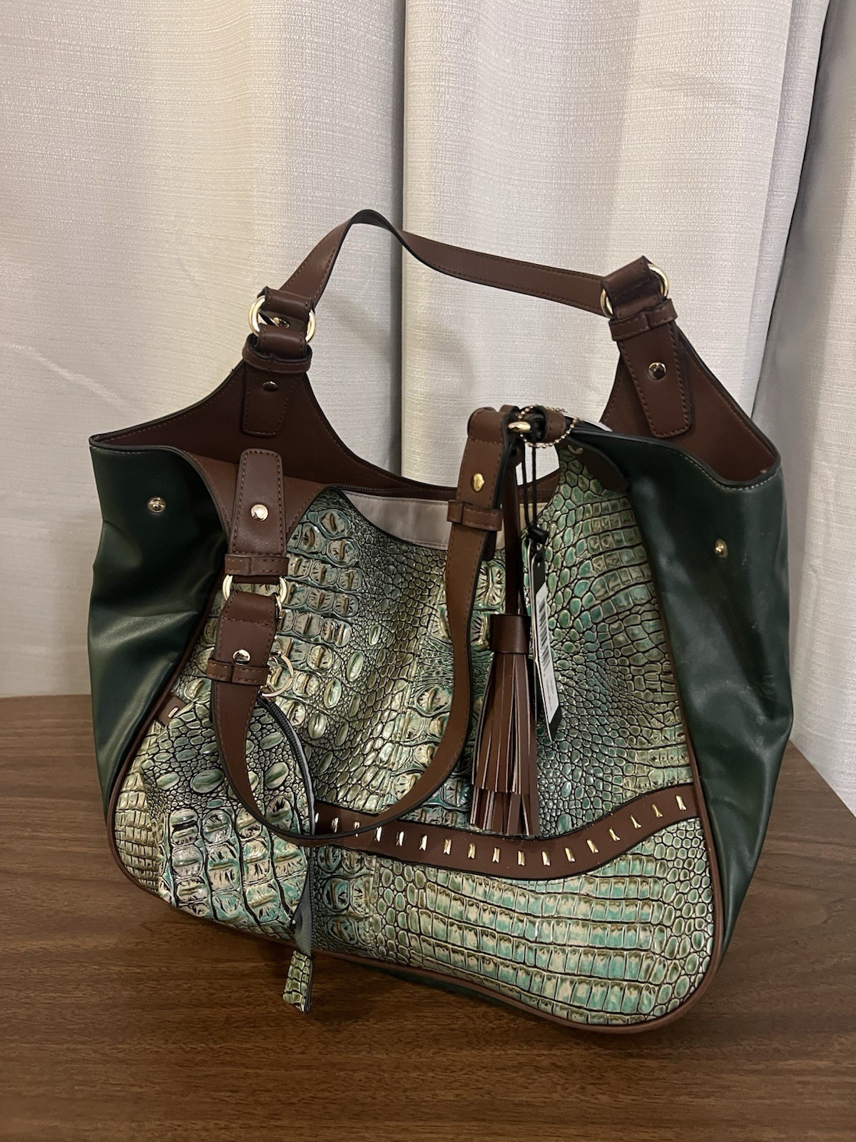 MC Jade Turquoise Croco Embossed Genuine Leather Tote with Matching Coin Pouch