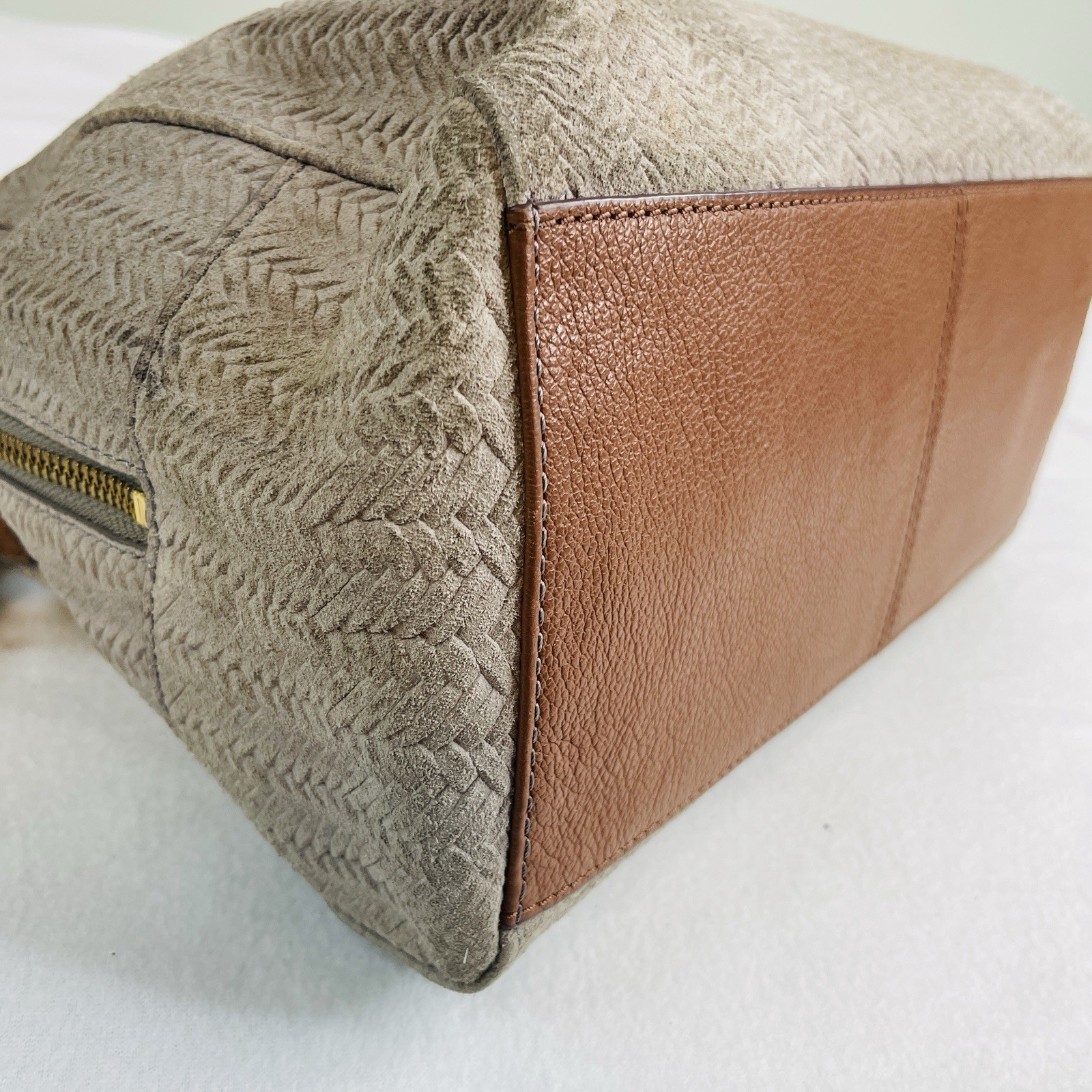 Fossil Fiona Satchel Bag Doctor Western Woven Cowhide Leather Suede Light Grey