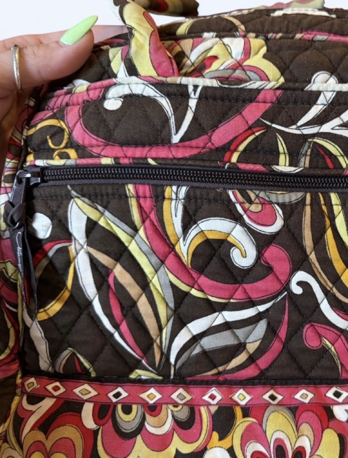 Vera Bradley English Rose Tote Bag Medium Brown Pink Floral Cotton Purse