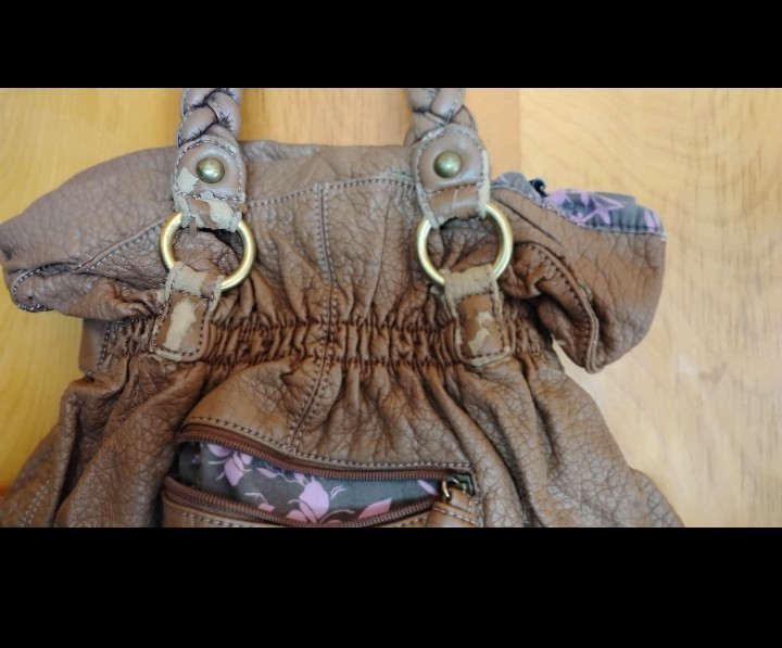 Kathy Van Zeeland Brown Pebbled Satchel Zip Studded Floral Lined Pockets