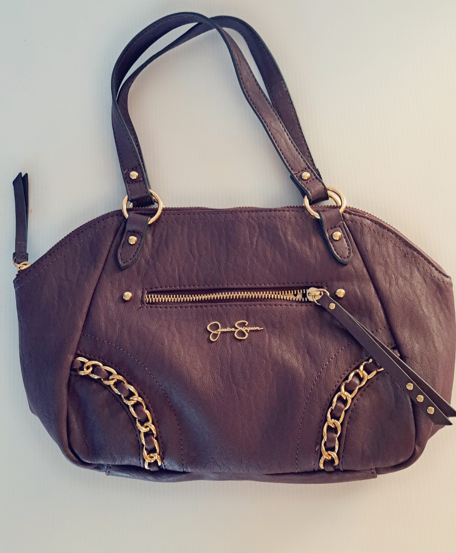 Jessica Simpson Satchel Handbag Maroon Faux Leather Gold Chain Accents Shoulder
