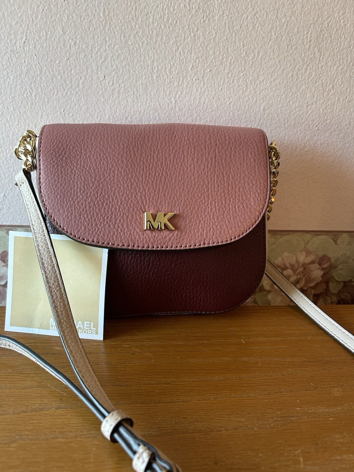 Michael Kors Tulip/Burgundy Colorblock Mott Pebbled Leather Purse-ADORABLE