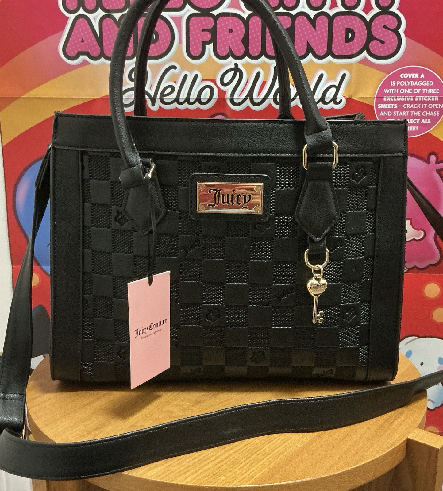 Juicy Couture Black Checkered Satchel Top Handle, Crossbody Strap, Key Charm