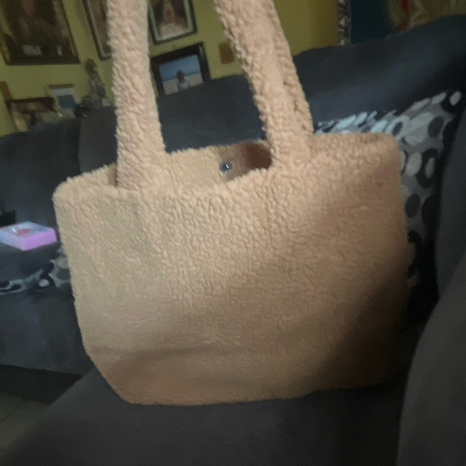 PINK Beige Sherpa Tote Bag Logo Pattern Embroidered Accents Magnetic Close