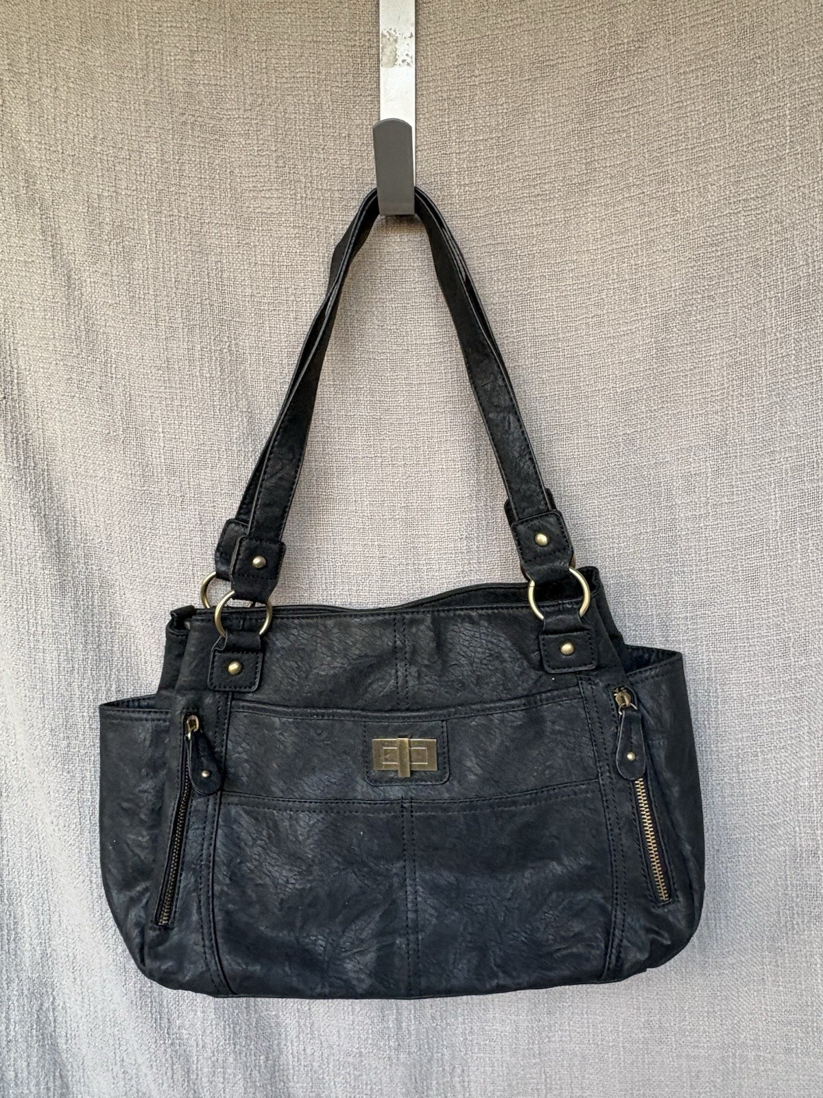 Bueno Black Faux Leather Shoulder Bag Gold Hardware Zipper Buckle Accent