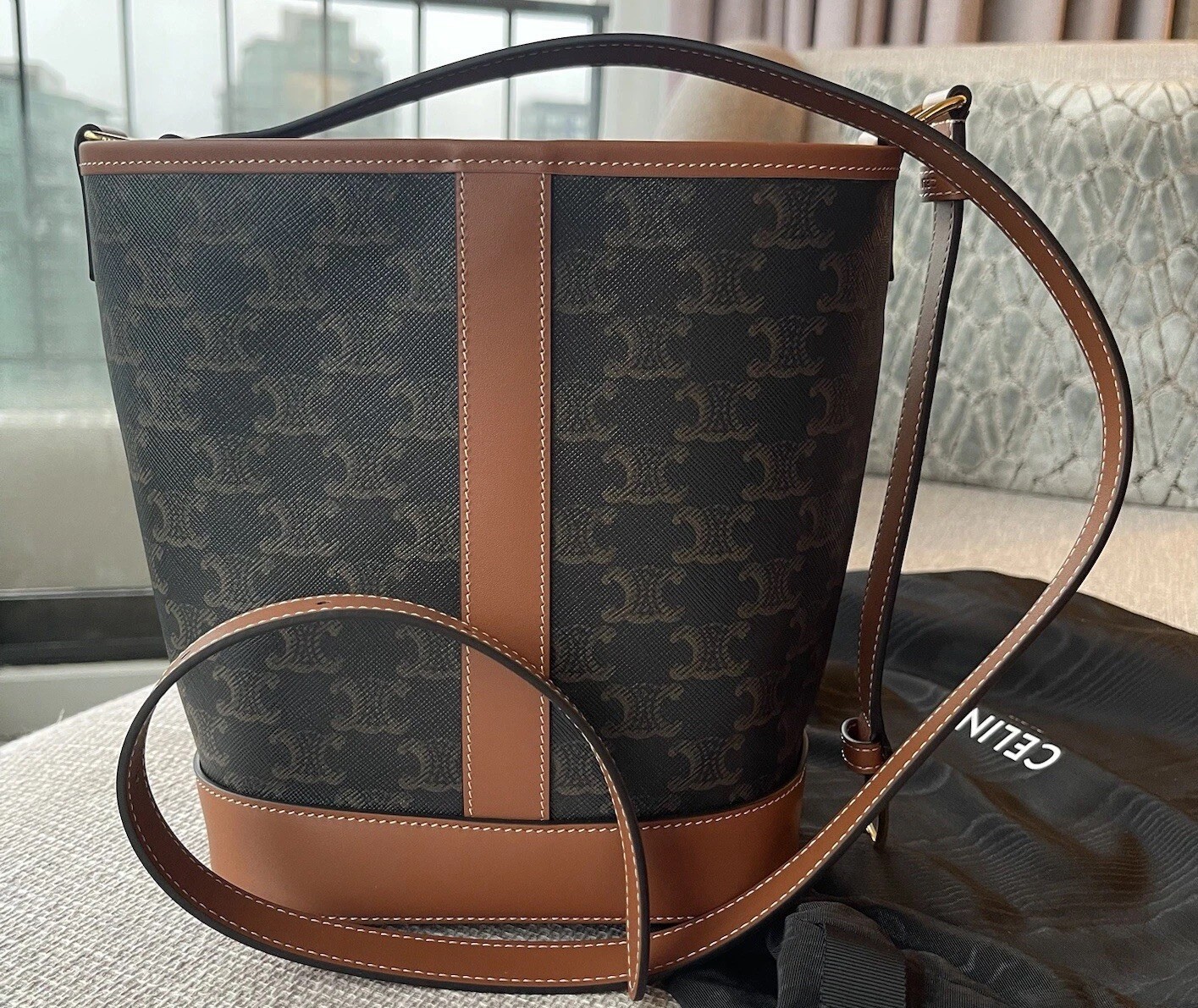 NEW Celine Small Bucket Triomphe Canvas Brown Tan & gold Calfskin