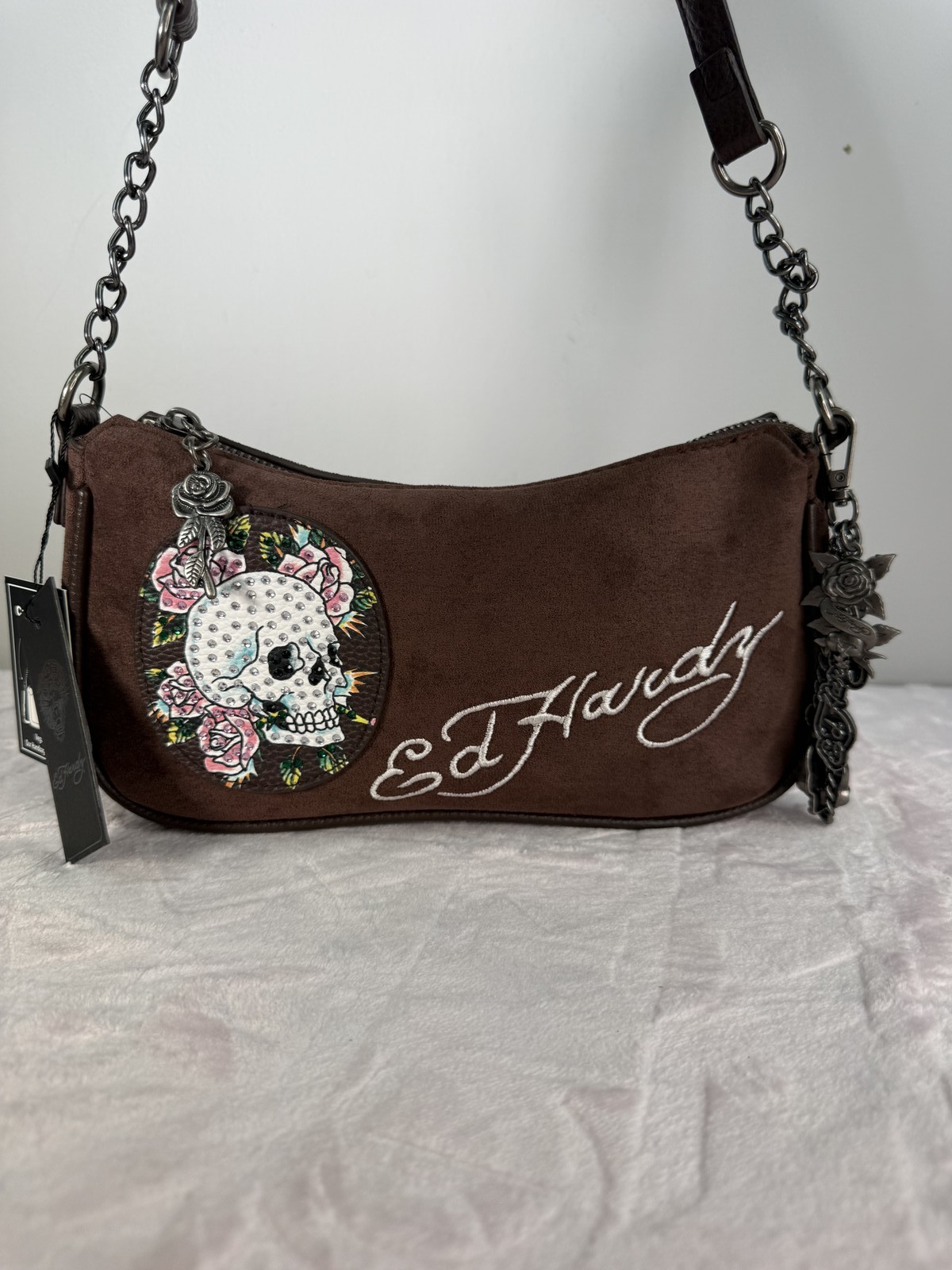 Ed Hardy Brown Faux Suede Skull Roses Shoulder Bag