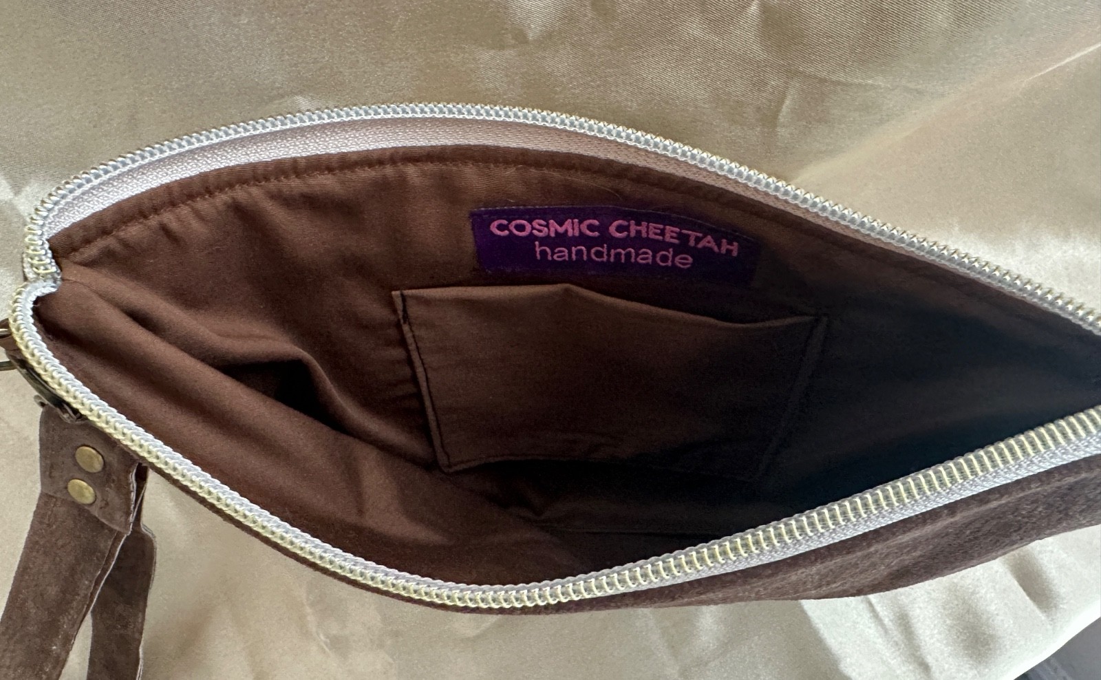 HANDMADE clutch purse wristlet, bag, pouch, genuine SUEDE LEATHER, lined, 9.5 in