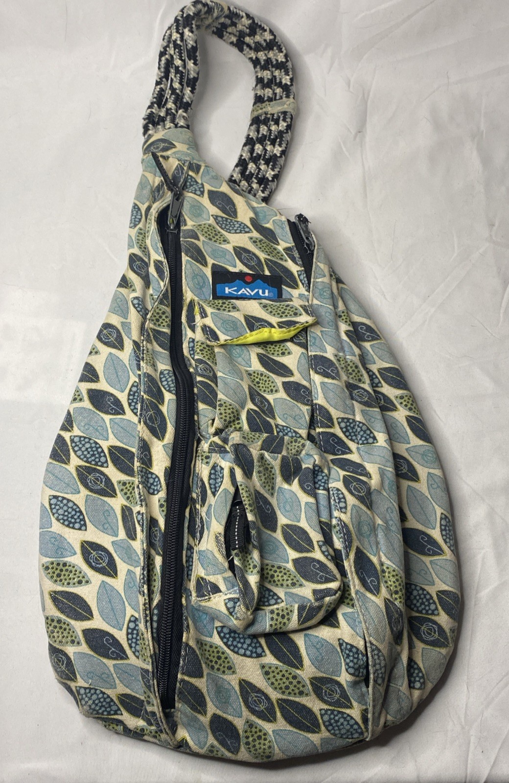 Kavu Rope Sling Bag Blue & Green Leaves Back Sack Leaf Purse Travel