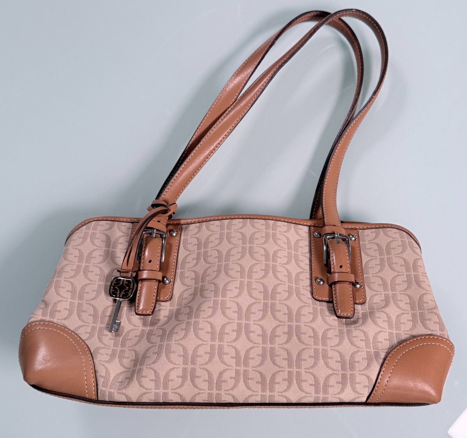 Fossil Monogram Shoulder Satchel Tan Canvas Leather Trim Key Charm GrandmaCore