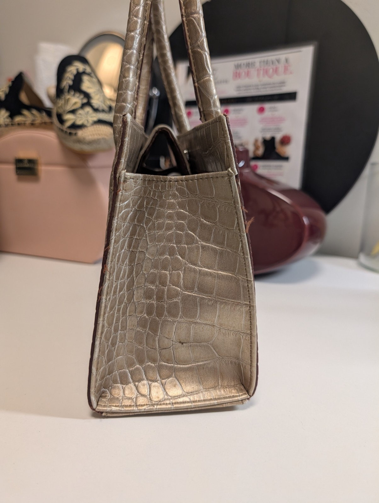 Liz Claiborne Beige Croc Satchel Top Handle Bag, Magnetic, Silver, Strap
