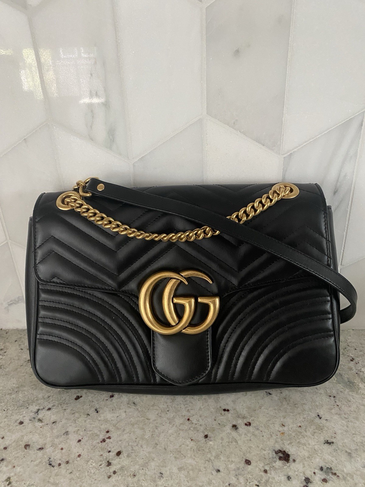 Gucci GG Marmont Matelasse Flap Bag Leather Chain Shoulder Medium W/COA