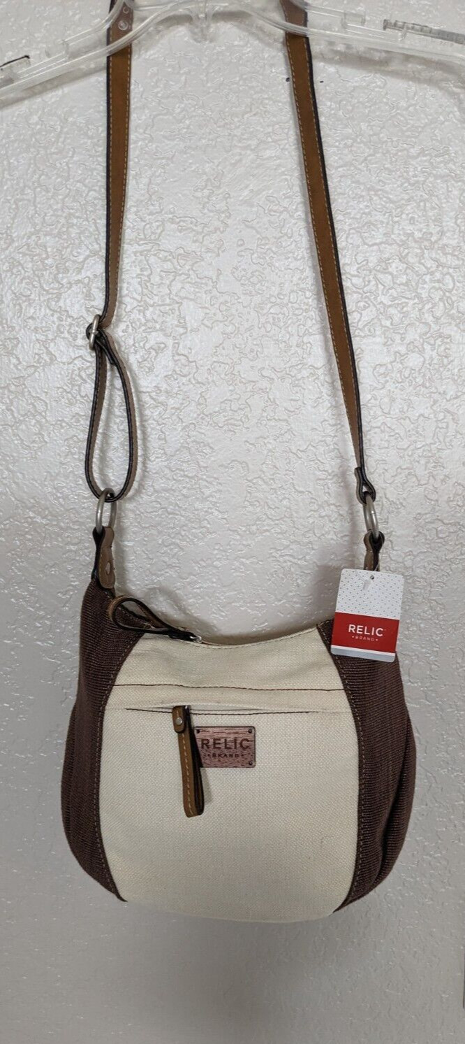 NWT Relic Crossbody Coastal Shoulder Purse Leather Full Zip Brown/Ivory