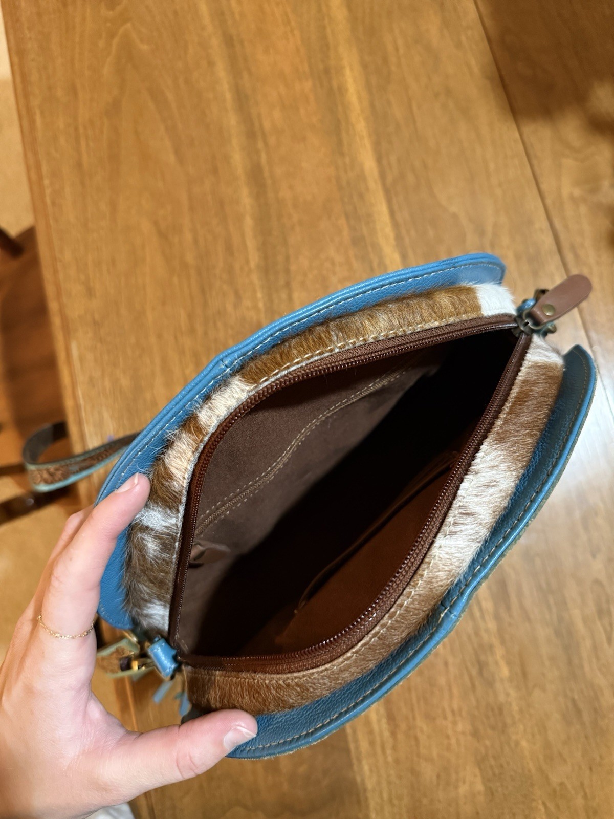 Myra Bag – Tooled brown and teal leather with cowhide accents