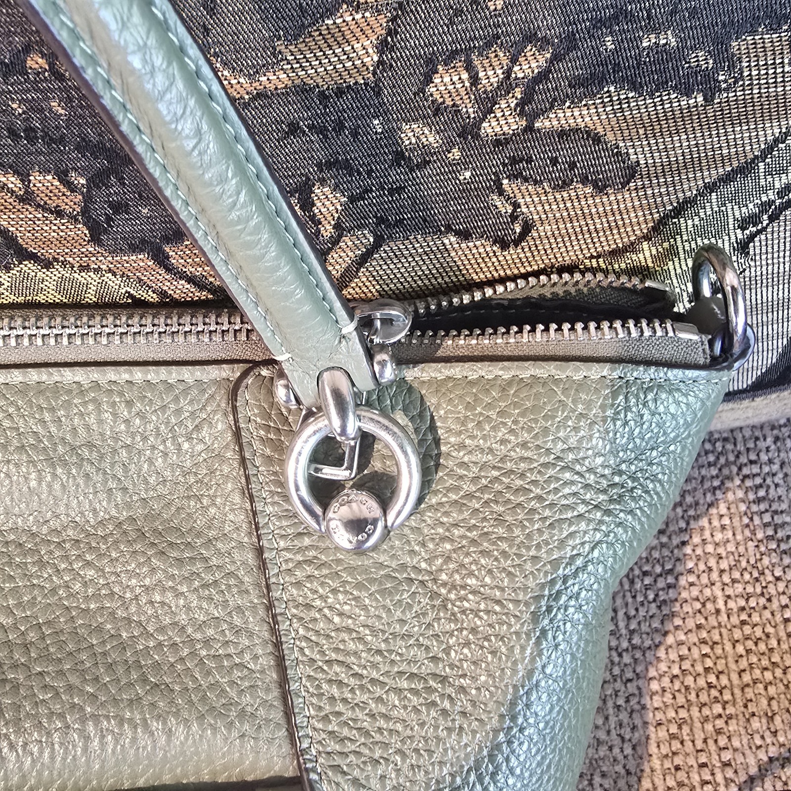 Coach Green Pebbled Satchel Top Handle Bag Zip Top Detachable Strap Silver