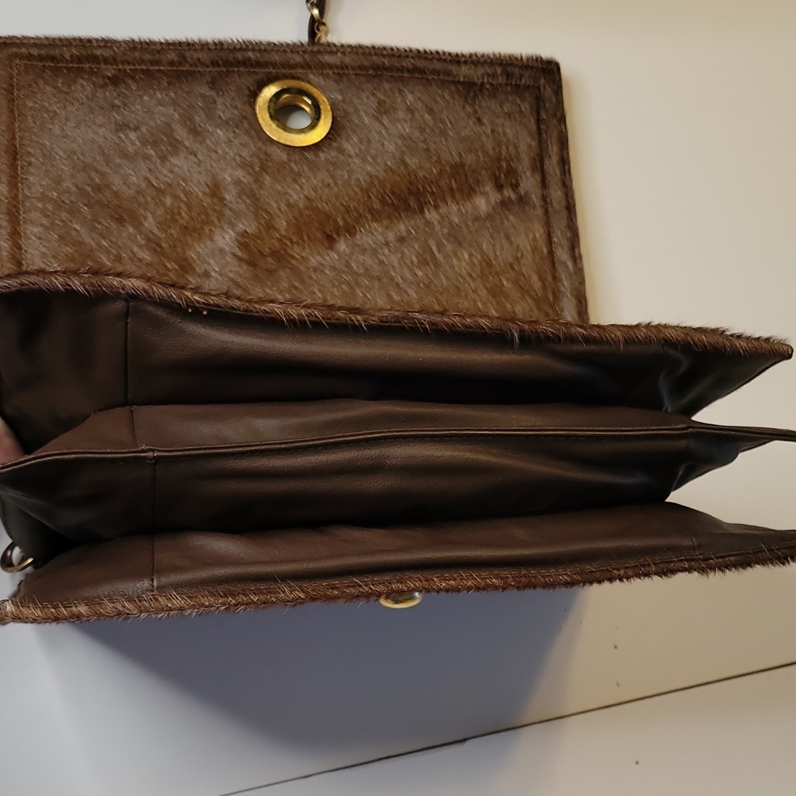 Vintage Haircalf Leather Shoulder Bag Brown Pony Hair Chain Strap Boho