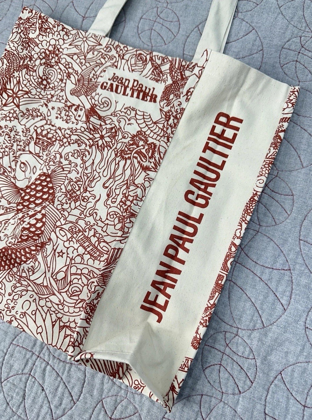 Jean Paul Gaultier JPG Tattoo Tote Bag Fish Dragon Red Beige Canvas Beach Cotton
