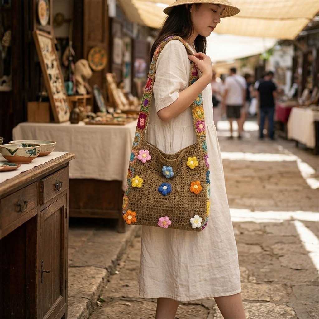 Flower Applique Crochet Bag Women Colorful Knit Crossbody Shoulder Purse
