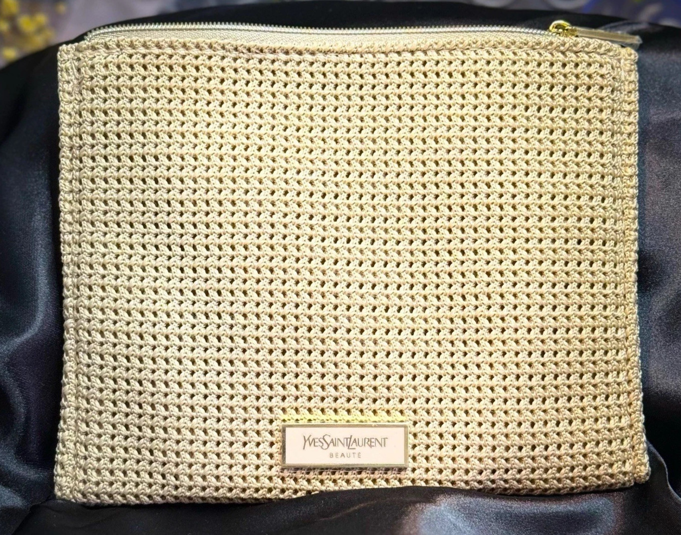 Yves Saint Laurent YSL Beaute flat Pouch woven beige travel Case toiletry Bag