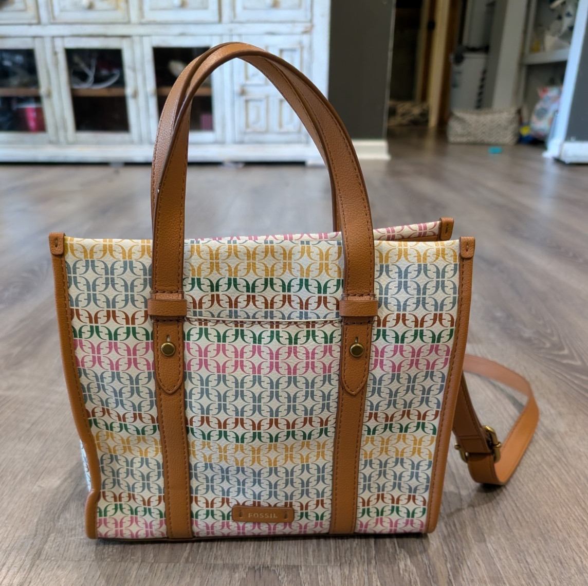 Fossil Women’s Logo Pattern Satchel Top Handle Multicolor Brown Strap Pockets