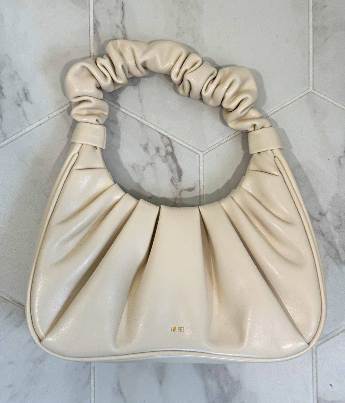 JW PEI Beige Small Ruched Pleated Top Handle Crescent Bag Zipper w/ Dust Bag