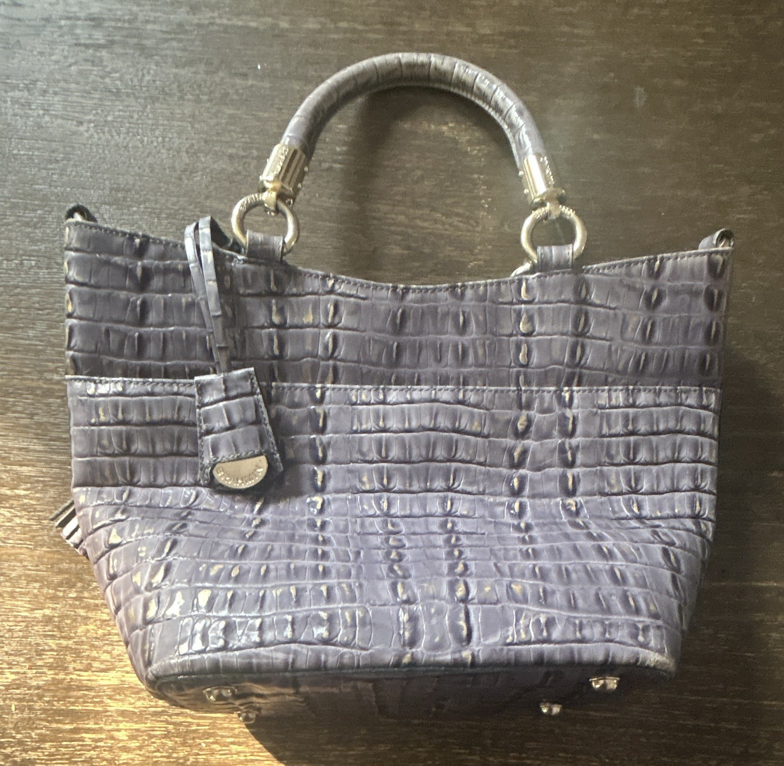 Brahmin purple Croc Embossed Satchel Top Handle Zip w/ Bag Charm, Silver