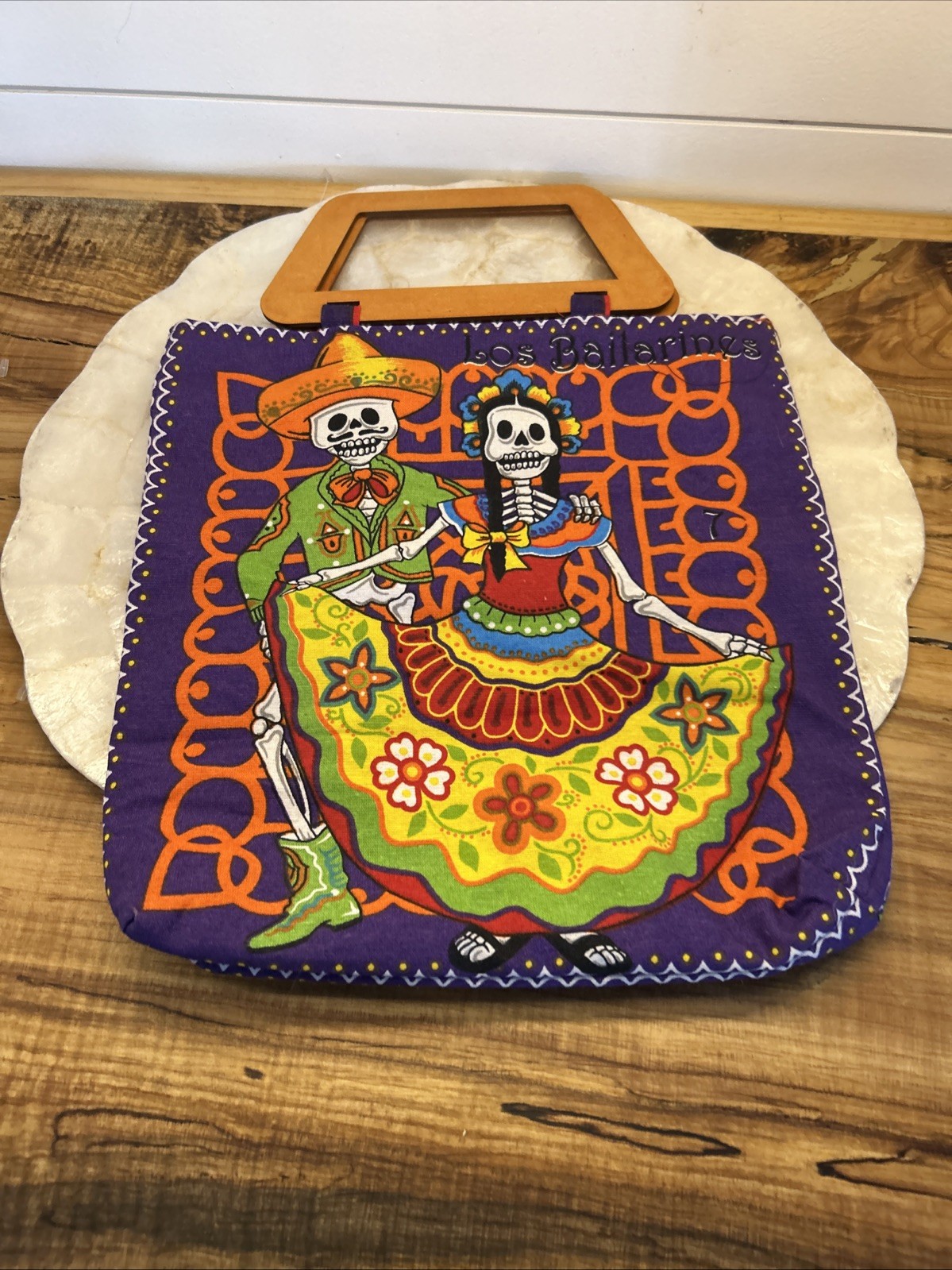 Isla Mujeres Mexico Dia de los Muertos Day of the Dead Tote Purse Fabric/Wood