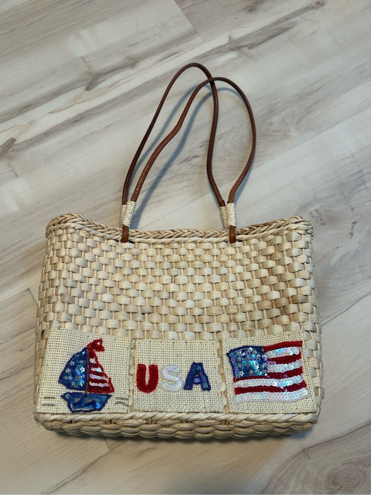 Embroidered Patriotic Straw Tote Bag with Brown Leather Handles