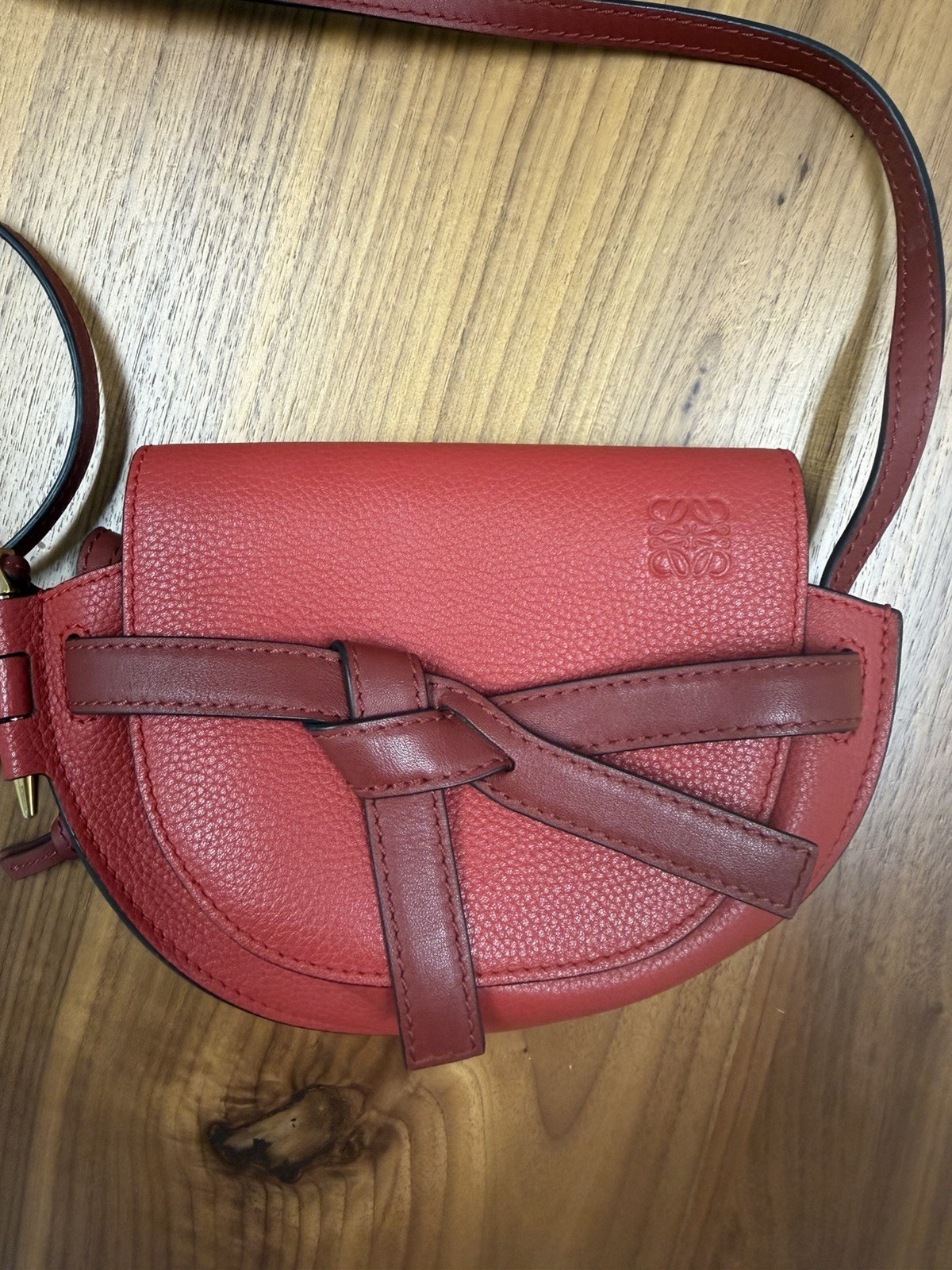Loewe Gate Mini Red Crossbody Bag Gold Hardware Logo Bow Accents Strap