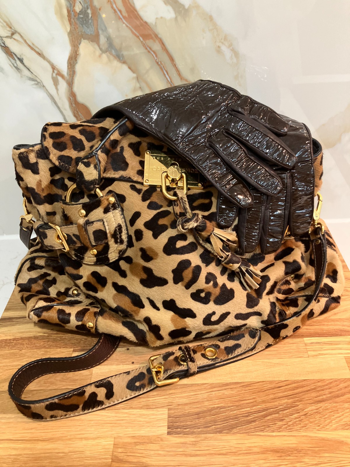 PRADA Car Shoe Leopard Print Calf Hair Satchel | Luxury Animal Print | Gold HW
