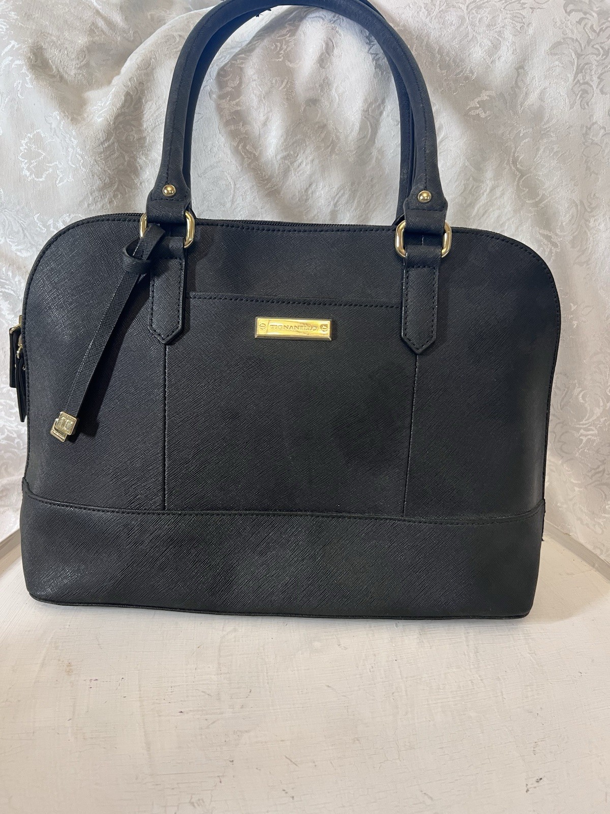 Tignanello Clean & Classic Black Saffiano Leather Dome Handbag Double Handle