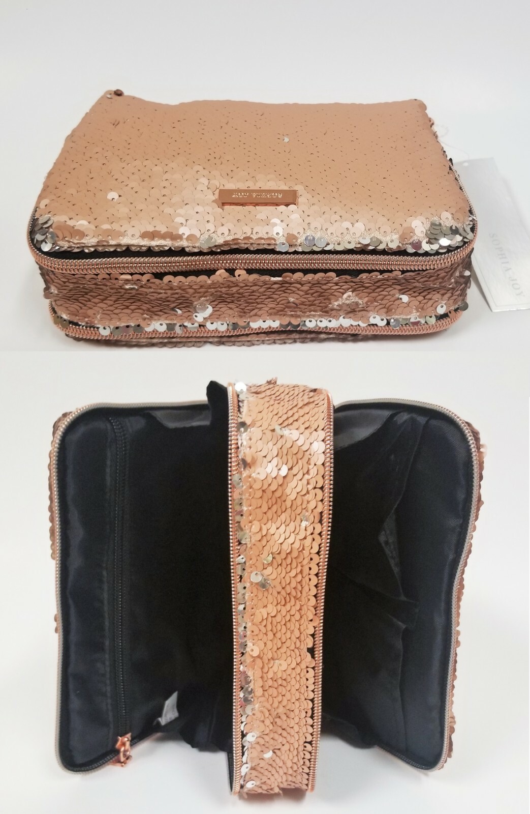 NEW SOPHIA JOY ROSE GOLD METALLIC REVERSIBLE SEQUINS DOUBLE POUCHES,COSMETIC BAG