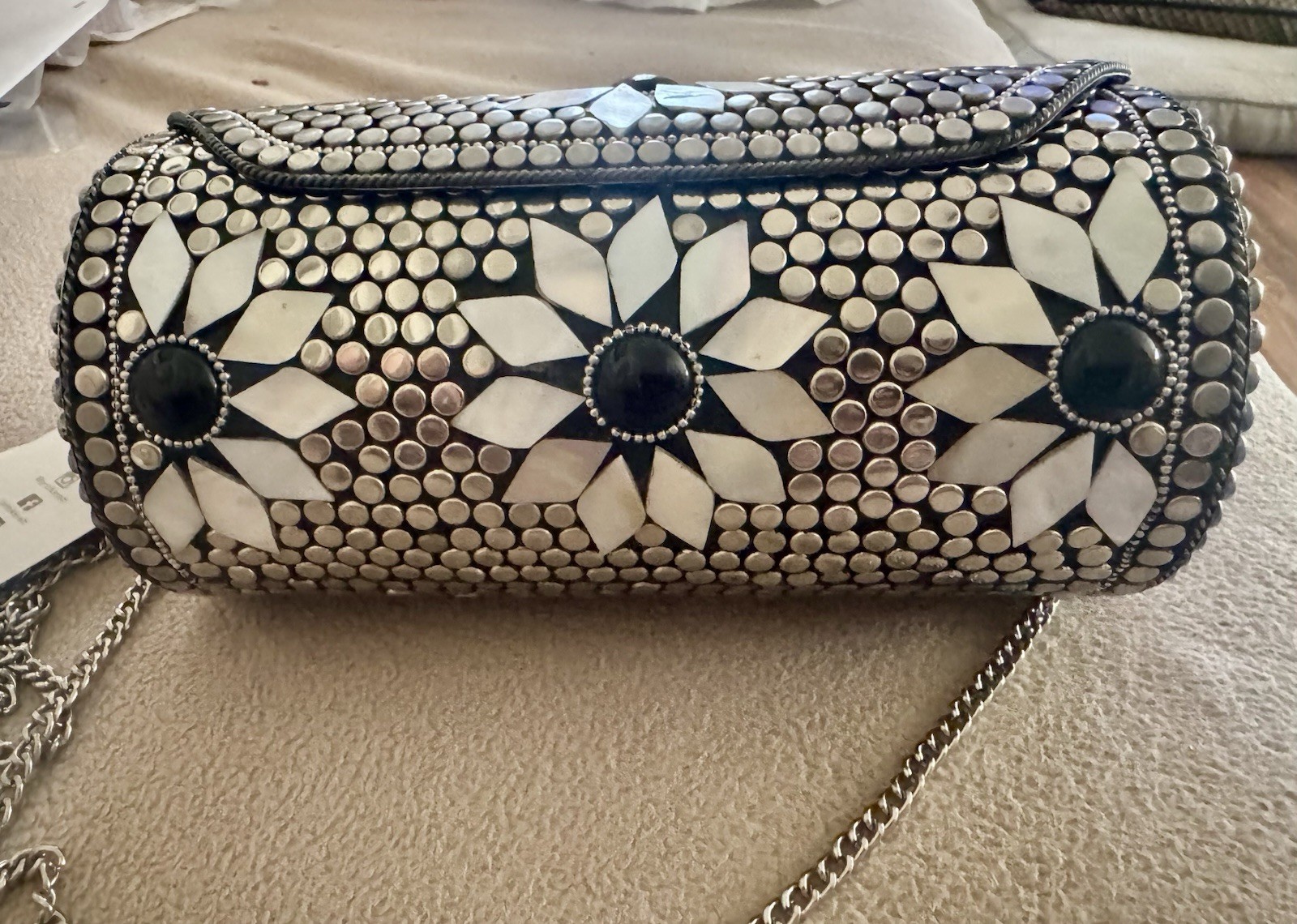 Antik Kraft Mother of Pearl Cylinder Tube Handbag with Metal Chain Mosaic Boho