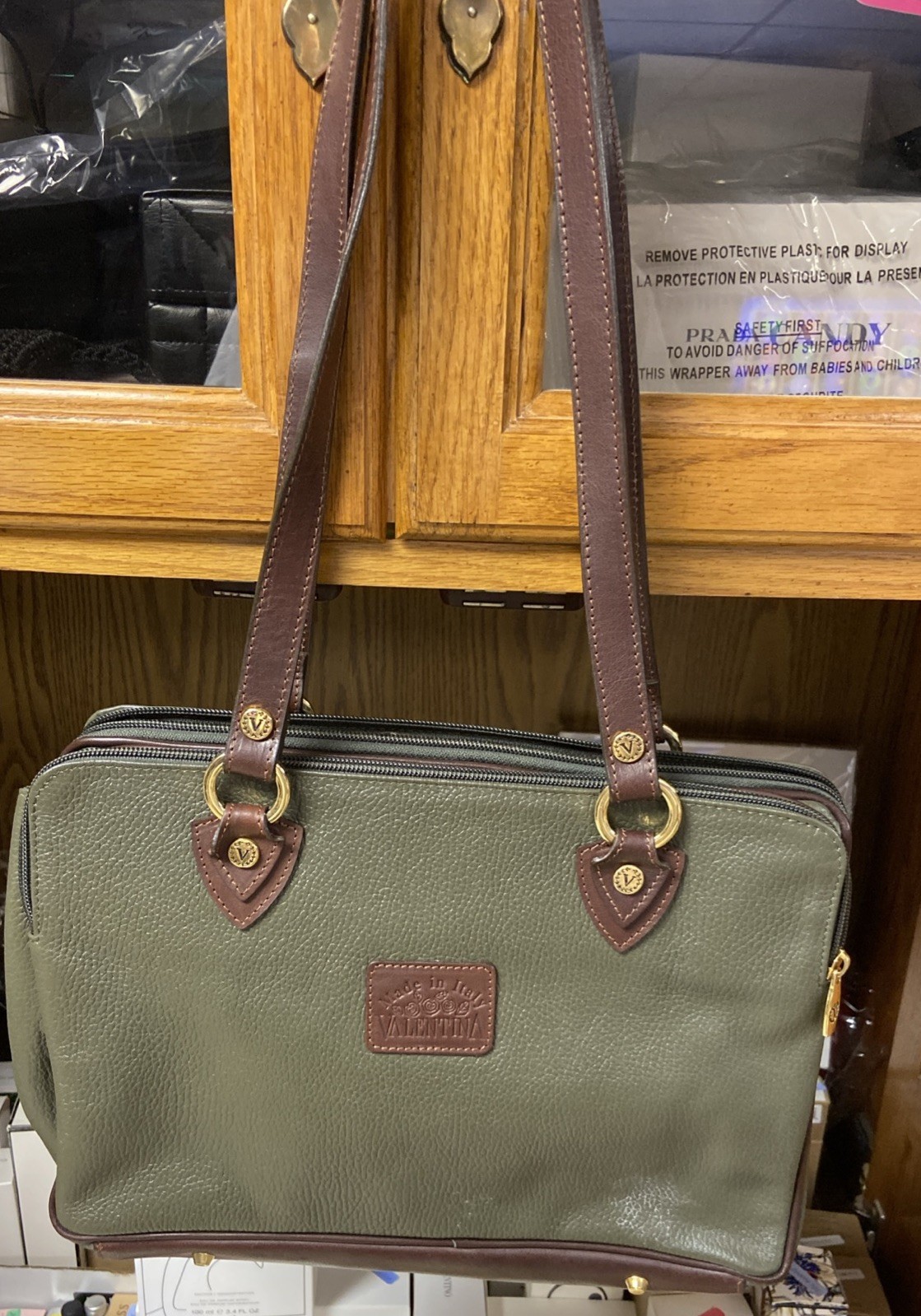 VALENTINA Vintage Green Pell Leather Tote Shoulder Purse Handbag Made in Italy