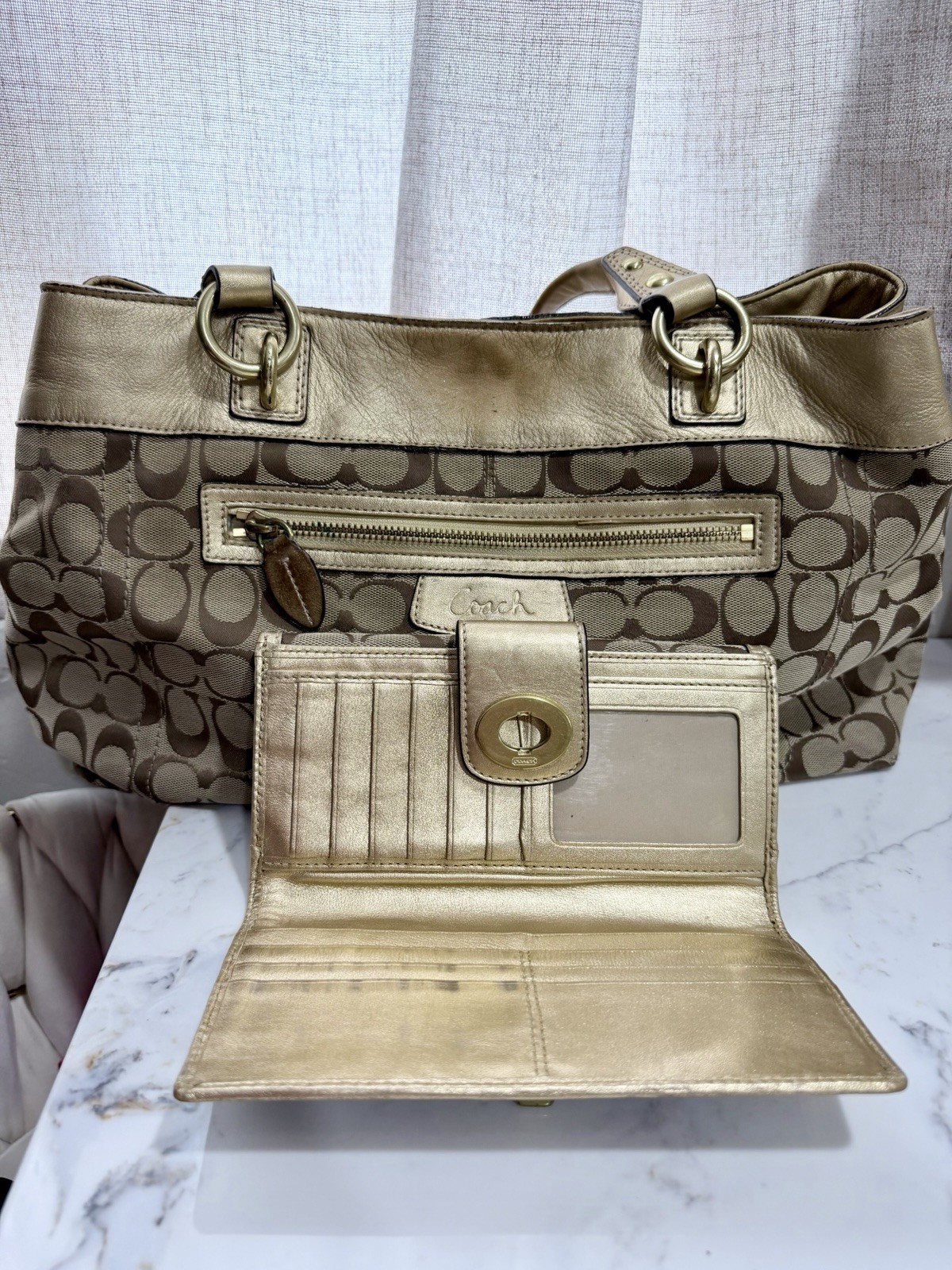 Coach Signature Logo Large Bag Beige Brown Gold + Wallet