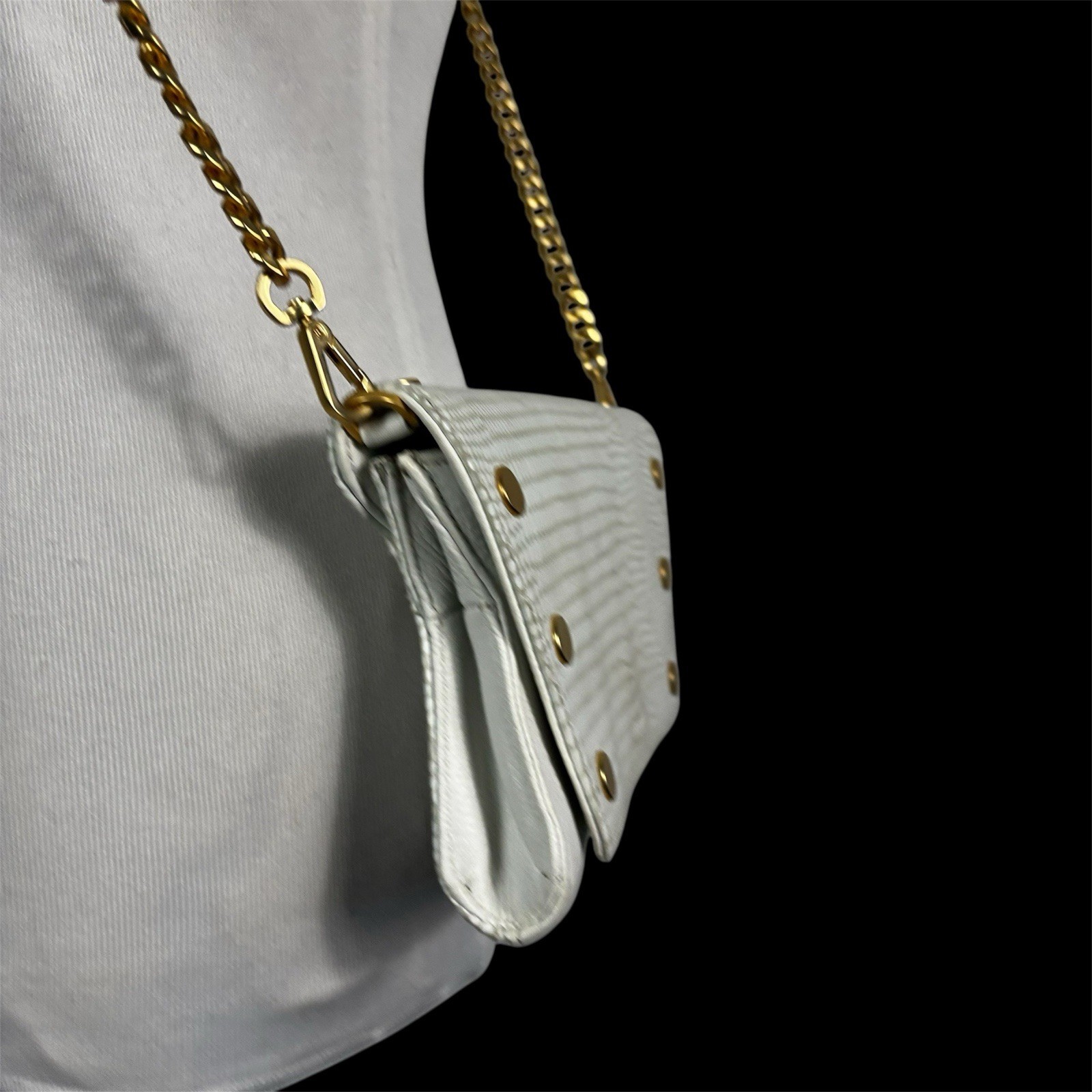 Hammitt Roger Clutch In Marshmallow Snake Leather Crossbody Studded White