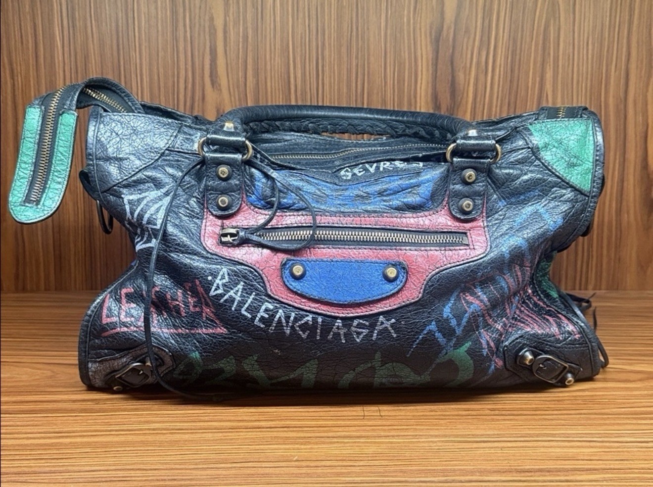 Balenciaga Black Graffiti Satchel Top Handle, Medium, Detachable Strap, Brass