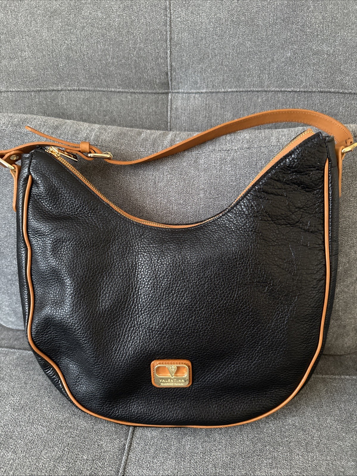 Valentina Italy LG Black Leather Brown Trim LOGO Hobo Shoulder Bag Purse MINT