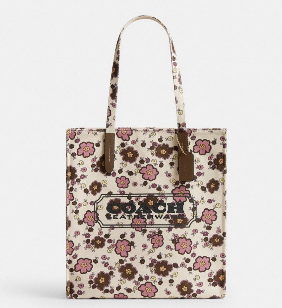 Coach Floral Tote Bag Ivory Pink Brown Medium Open Lightweight Lined Gold Card