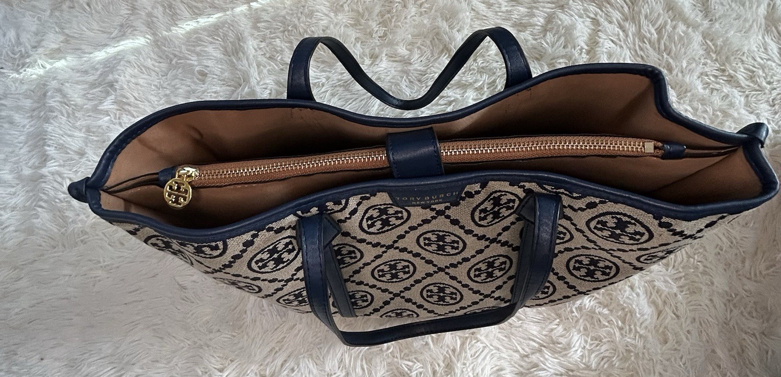 Tory Burch Canvas Monogram Tote Navy Blue Leather Trim Shoulder Bag Large