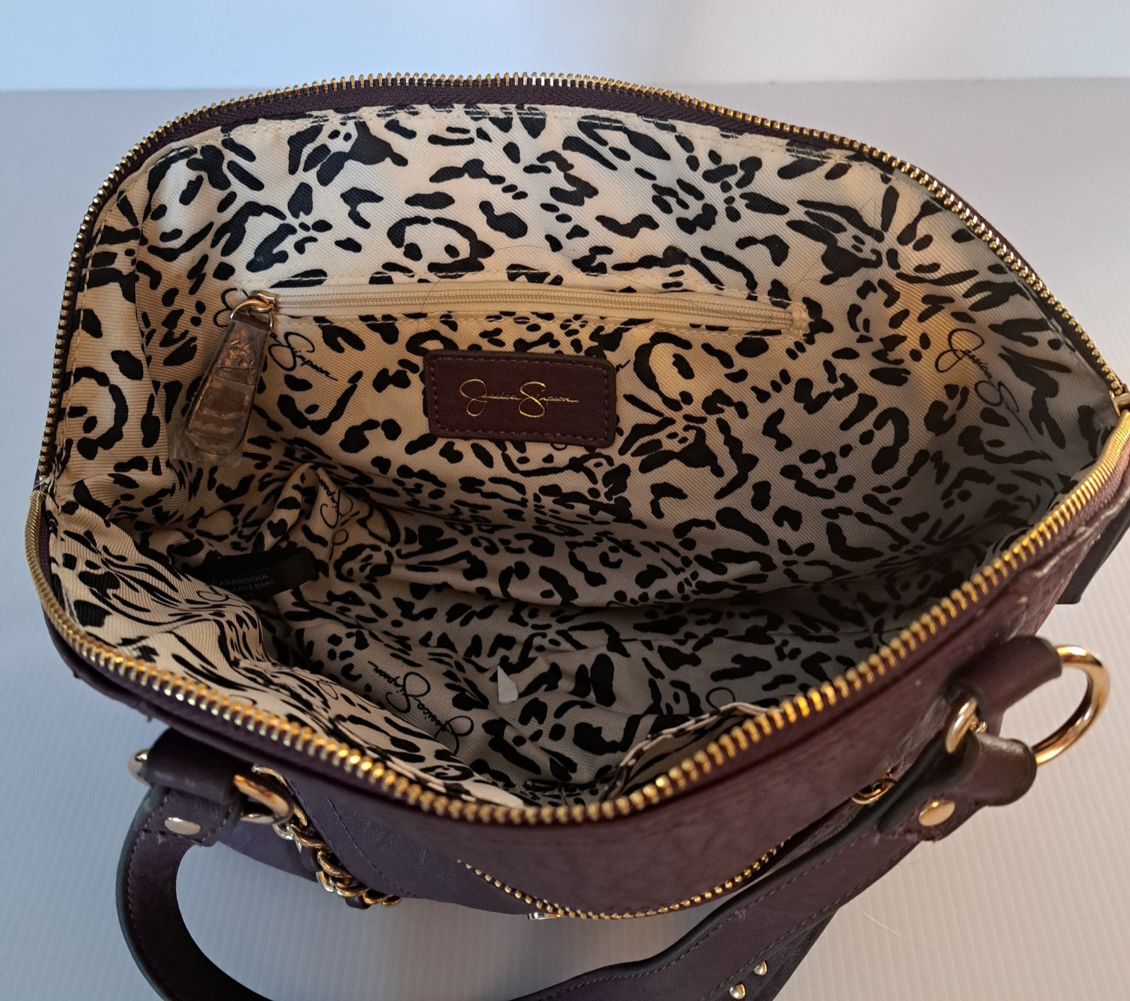 Jessica Simpson Satchel Handbag Maroon Faux Leather Gold Chain Accents Shoulder