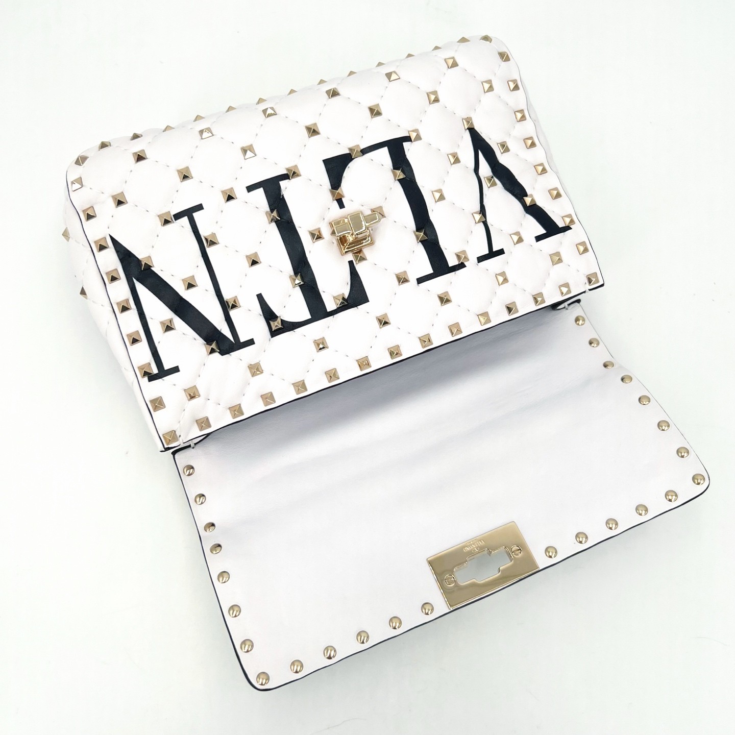Valentino Rockstud Spike White Leather Gold HW Shoulder Bag Duty Paid