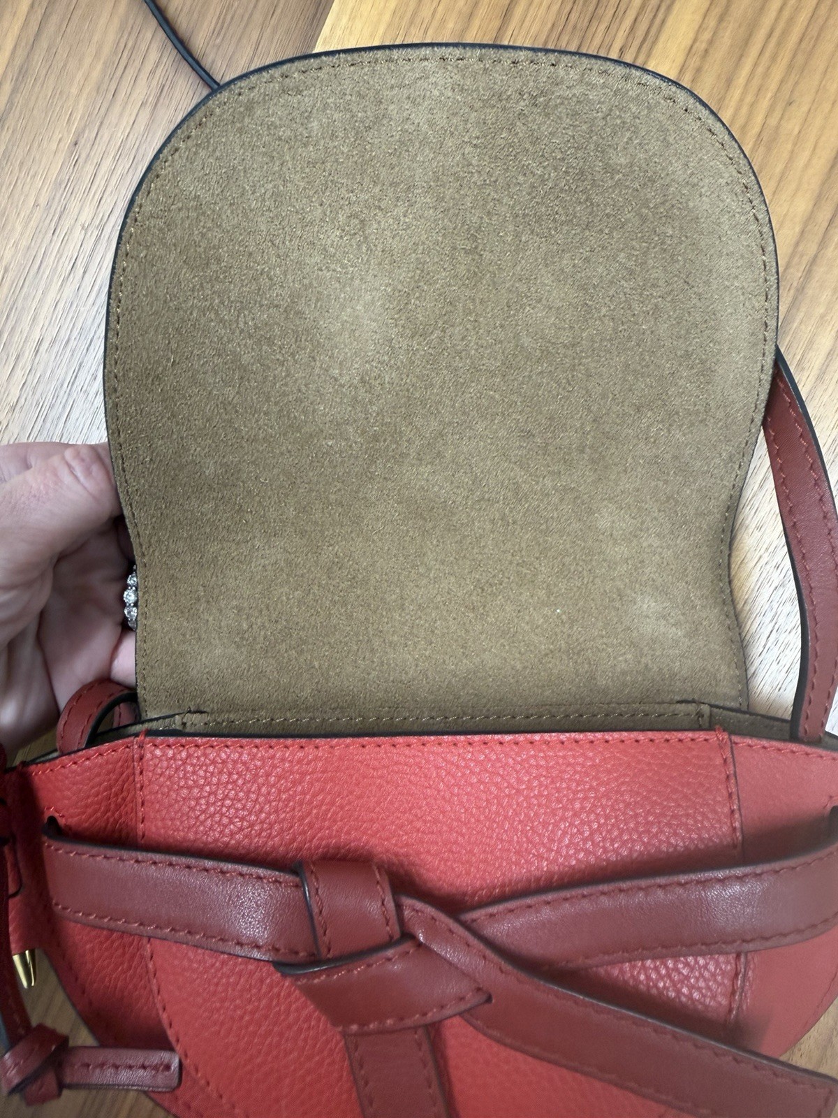 Loewe Gate Mini Red Crossbody Bag Gold Hardware Logo Bow Accents Strap