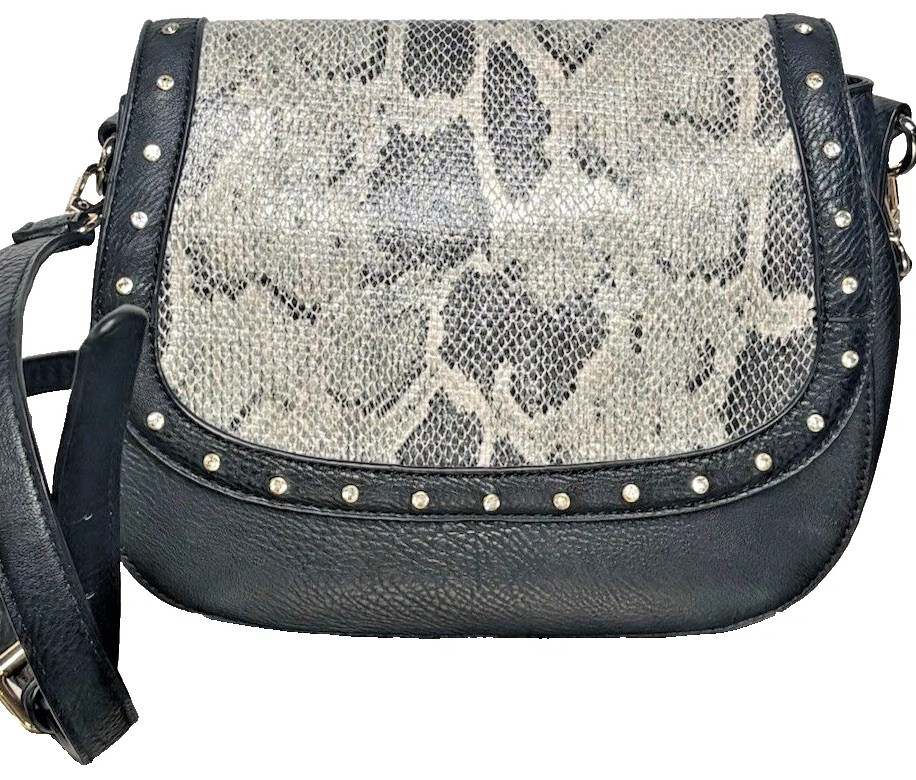 CocoAndCarmen Rhinestone Studded Purse Black/Animal Print Detachable Flap