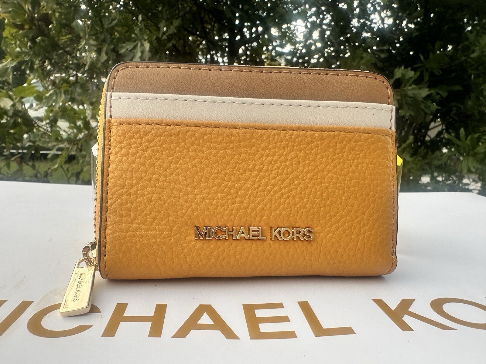 Michael Kors Wallet Zip Around Card Case For Women Golden Rod Color Leather
