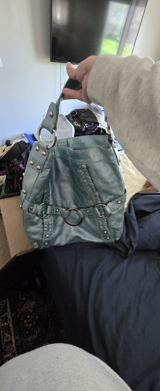 Isabella Fiore Blue Green leather Shoulder Bag Braided Strap Studded Silver HW