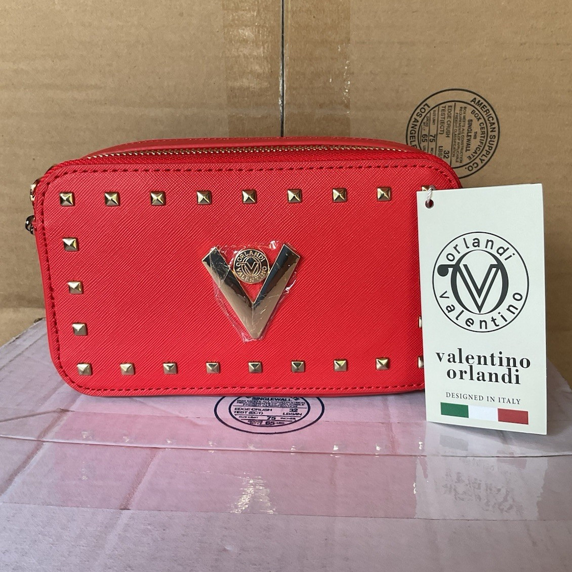 Valentino Orlandi Red Small Studded Crossbody Bag Zip Closure Gold Hardware